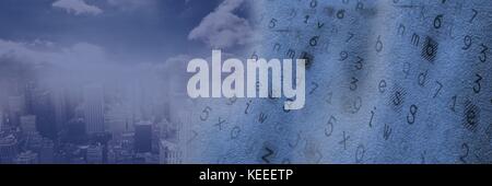 Digital composite Übergang der Stadt und den Code aus Buchstaben und Zahlen Stockfoto