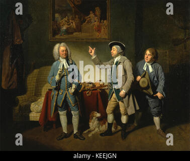 Dieses Kunstwerk zeigt Johan Joseph Zoffany, Edward Shuter, John Beard und John Dunstall in Isaac Bickertons Oper *Love in a Village*, in der die Rollen der Schauspieler im britischen Theater des 18. Jahrhunderts dargestellt werden. Stockfoto