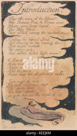 Dieses Bild ist Platte 34 aus William Blakes „Songs of Innocence and of Experience“, einer Serie von Gravuren, die den Kontrast zwischen Unschuld und Erfahrung erforschen. Die Einleitung betont Blakes Doppelvision der menschlichen Existenz durch symbolische und visionäre Kunst. Stockfoto