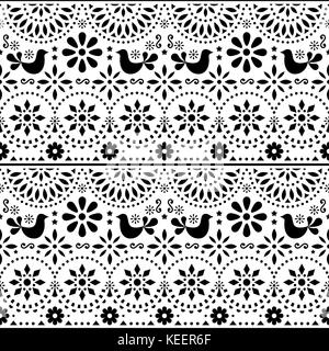 Mexikanischer Volkskunst Vektor nahtlose Muster mit Vögel und Blumen, schwarze und weiße fiesta Design durch traditionelle Kunstform Mexiko inspiriert Stock Vektor