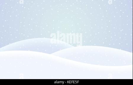 Vektor flache Design Illustration einer verschneiten Winterlandschaft mit Hügeln und Schneeflocken an einem Wintertag unter grauem Himmel - geeignet für Weihnachten greeti Stock Vektor