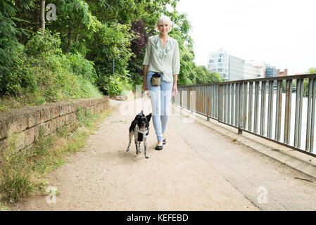 Junge Frau mit ihrem Hund auf Beton Gehweg Stockfoto