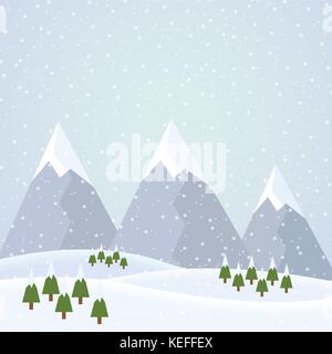 Vektor flache Design Illustration einer schneereichen Winter Berge Landschaft mit Hügeln, Nadelbäume und Schneeflocken an einem Wintertag unter grauem Himmel - su Stock Vektor