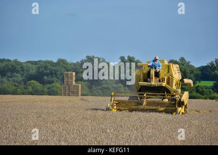 Vintage New Holland open cabyellow Mähdrescher in Aktion auf der Farm, Stockfoto