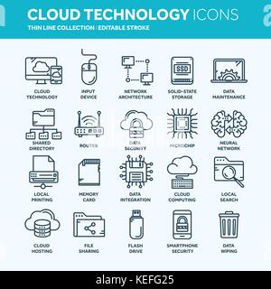 Cloud omputing. Internet Technologie. Online Services. Daten, Informationen Sicherheit.. dünne Linie blau Web Icon Set. Überblick icons Collection. Vector Illustration. Stock Vektor