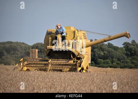 Alte offene Kabine gelb New Holland Mähdrescher Erntegut auf einem englischen Farm in 2017 Stockfoto