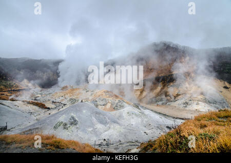 Schönen Tal der jigokudani oder 'Hölle Valley", oberhalb der Stadt Noboribetsu Onsen, die heißen Dampf Öffnungen zeigt. Stockfoto