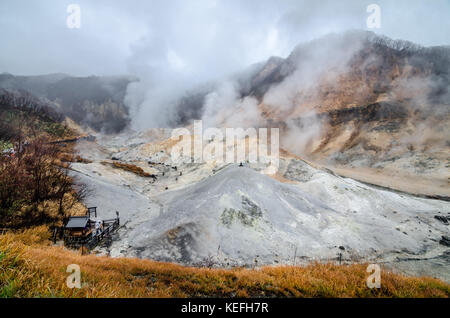 Schönen Tal der jigokudani oder 'Hölle Valley", oberhalb der Stadt Noboribetsu Onsen, die heißen Dampf Öffnungen zeigt. Stockfoto