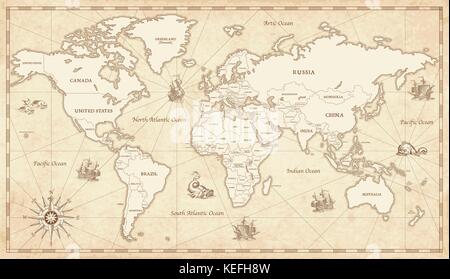 Eine detaillierte Darstellung der Weltkarte im traditionellen Stil mit allen Ländern Grenzen und Namen auf einem alten Pergament Hintergrund. Stock Vektor
