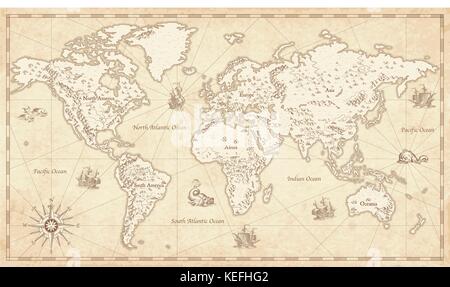 Eine detaillierte Darstellung der Weltkarte in Vintage Style mit Bergen, Bäumen, Städte und wichtigsten Flüsse auf einem alten Pergament Hintergrund. Stock Vektor