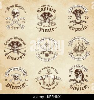 Sammlung von neun Piraten logos und Abzeichen mit einem Vintage Grunge-Look Stock Vektor
