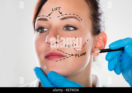 Nahaufnahme einer Frau mit Perforation Linien auf der Fläche markiert Stockfoto