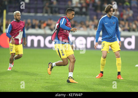 Anderlecht, Belgien. 18. Oktober 2017. Dany Alves , Marquinhios und Adrien Rabiot (Paris Saint Germain) während des Spiels der Champions League Anderlecht Stockfoto