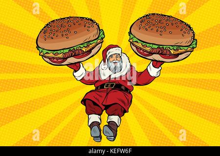 Santa Claus mit zwei Burger, Fast Food Delivery Geschenk Stock Vektor