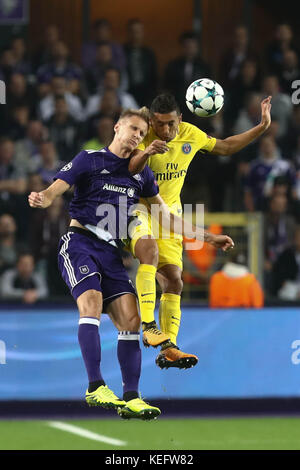 Anderlecht, Belgien. 18. Oktober 2017. Marquinhios (Paris Saint Germain) im Spiel von Champions League Anderlecht gegen Paris Saint Germain AT Stockfoto