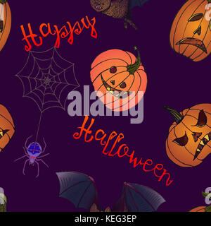 Happy Halloween: Kürbis, Fledermaus und Spinne, Hand gezeichnet doodle Skizze im Pop Art Stil, weißer Umriss, nahtlose Muster auf blauem Hintergrund Stockfoto