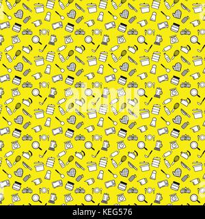 Küchenutensilien Umrisse Symbole Muster für Werkzeuge und Geräte Geräte isoliert Vektorgrafiken auf gelbem Hintergrund Stock Vektor