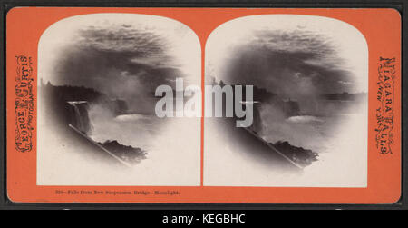 Ein Foto von George E. Curtis, das die im Mondlicht beleuchteten Niagarafälle von der neuen Hängebrücke aus einfängt und das natürliche Schauspiel unter nächtlicher Beleuchtung hervorhebt. Stockfoto