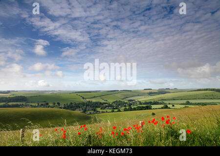 Die deverill Tal in Wiltshire aus der kalten Küche Hill fotografiert. Stockfoto