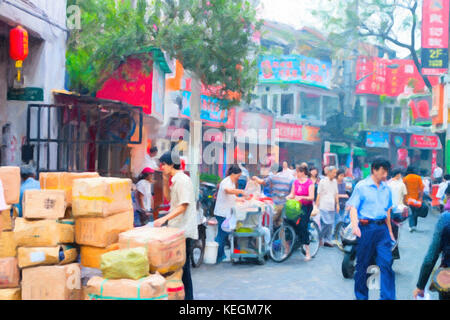 Ölmalerei stil Bild mit Menschen, die ihren Einkauf von Straßenverkäufern in Shanghai, China Stockfoto