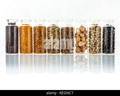 Sortierte der Spice-Flaschen Gewürzkraut schwarzer Pfeffer, weißer Pfeffer, Schwarzer Senf, Weißer Senf, Bockshornklee, Kümmel und Fenchel Samen isoliert auf weißem backgro Stockfoto