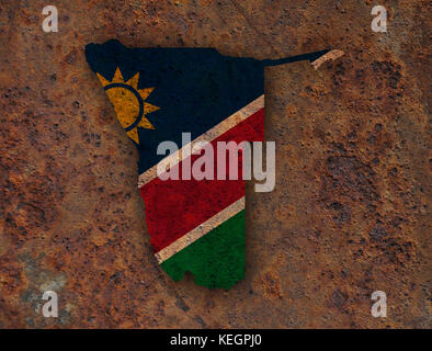 Karte und Flagge Namibia auf rostiges Metall Stockfoto
