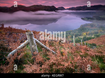 In den Nebel, Ullswater im Morgengrauen von Gowbarrow fiel, Nationalpark Lake District, Cumbria, England, Großbritannien Stockfoto