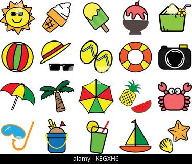 Bunte Vielfalt Sommer Artikel Symbol auf weißem Hintergrund Stock Vektor