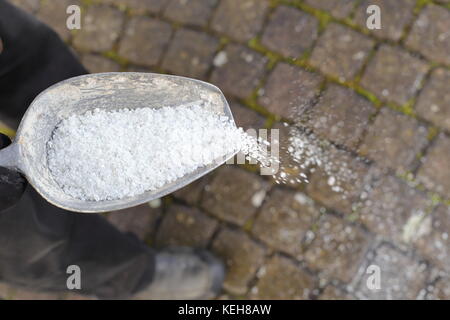 Ein Mann Verbreitung von Auftausalz auf einem Weg im Winter Stockfoto