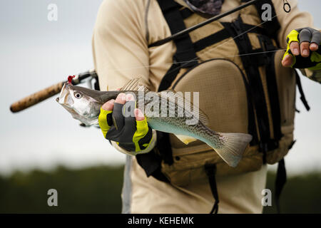 Kaukasischer Mann hält Angelrute und Fisch Stockfoto