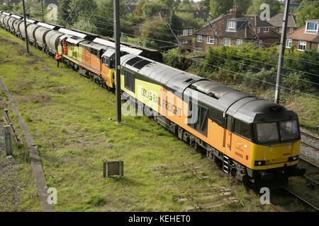 Colas rail Güterzuglokomotiven 70814 und 60095 bei holgate Abstellgleise südlich von York, uk. Stockfoto