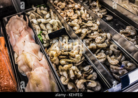 Garnelen und Fischfilets in Vitrine Stockfoto