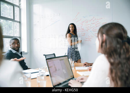 Geschäftsfrau im Gespräch am Whiteboard Stockfoto