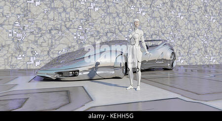 Roboter steht in der Nähe glänzend futuristischen Auto Stockfoto