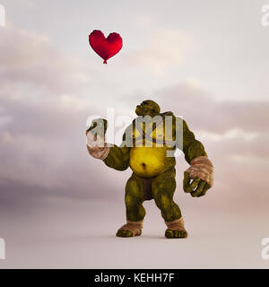 Wütend Oger Blick auf schwimmende rote Ballon Herz Stockfoto