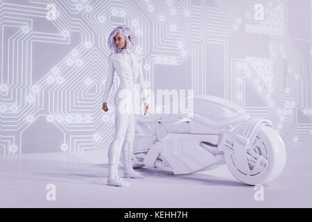 Futuristische Frau in der Nähe Leiterplatte Wand mit weißem Motorrad Stockfoto