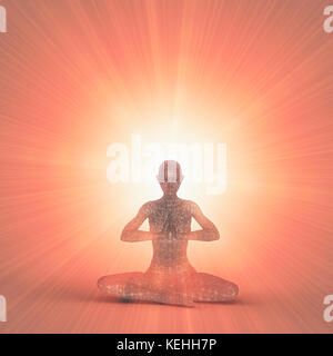 Futuristische Frau meditiert in orangen Lichtstrahlen Stockfoto