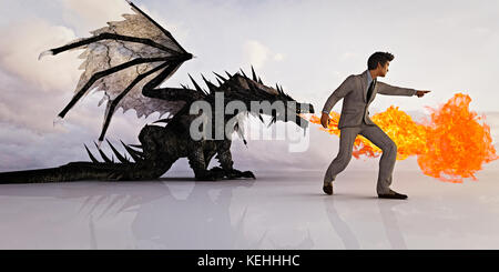 Geschäftsmann führt Feuer atmenden Drachen Stockfoto