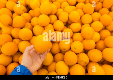 Hand hält Orangen Stockfoto