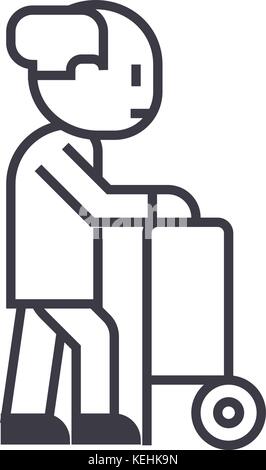 Ältere Person mit Bart und Spazierstock vektor Symbol Leitung, Zeichen, Abbildung auf Hintergrund, editierbare Anschläge Stock Vektor