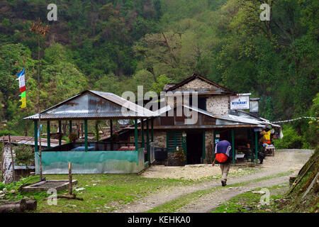 Trekker, eine Pension in der Nähe von bhichuk auf dem Poon Hill trek, Nepal. Stockfoto