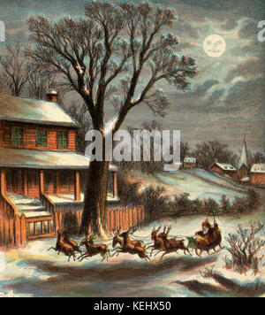 Jahrgang Illustration der Weihnachtsmann und seine Rentiere Stockfoto