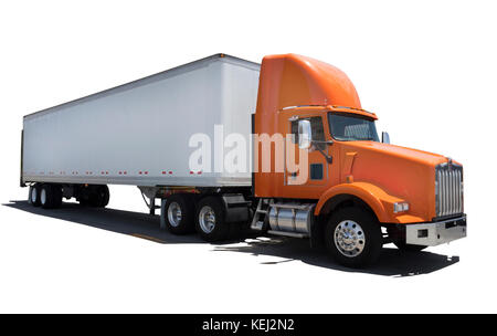 Seitenansicht der isolierten orange semi Cab und weißen Anhänger. Stockfoto