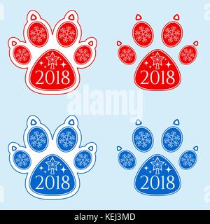 Hund Pfote des neuen Jahres 2018. Hund Pfote mit Abbildung der Schneeflocken, Spielzeug, Star der Weihnachtsbaum, greller Glanz und Inschrift 2018. Isolierte silhouette Pfote in Stock Vektor
