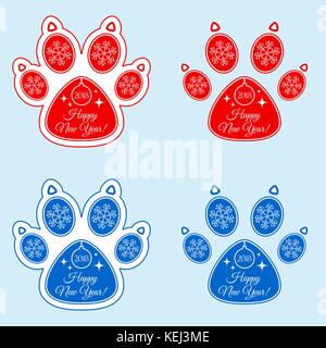 Hund Pfote 2018 Der neue Jahr. Hund Pfote mit Abbildung der Schneeflocken, Weihnachtsbaum Spielzeug, starrt und Aufschrift frohes neues Jahr 2018. isolierte Silhouette Stock Vektor