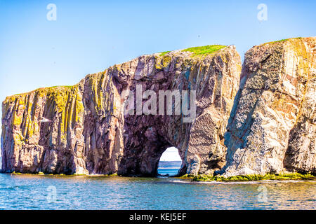 Rocher Percé Rock in Gaspe Halbinsel, Quebec, Gaspesie Region mit Vögeln und Klippen bei Tag Stockfoto