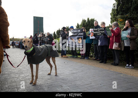 Anti-Hunt-Aktivisten vor der Generalversammlung des National Trust im Steam Museum in Swindon, bevor die Mitglieder über Vorschläge zum Verbot der Jagd auf legale Spuren auf dem Land der Organisation abstimmen. Stockfoto