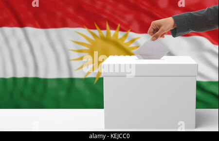 Wahlen in Kurdistan. Die Hand der Frau steckt einen Umschlag in eine weiße Wahlurne auf einem wehenden Hintergrund der kurdischen Flagge. 3D-Abbildung Stockfoto