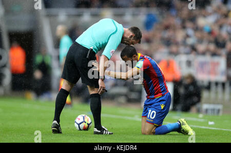 Andros Townsend (rechts) von Crystal Palace spricht mit Schiedsrichter Stuart Attwell während des Premier League-Spiels im St James' Park, Newcastle. Stockfoto