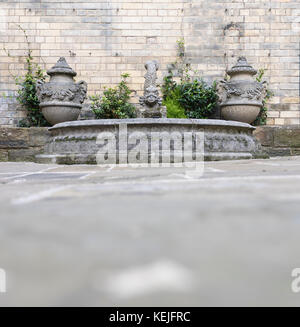 Konkrete chinesischer Drache oder Fisch staute Brunnen mit verzierten Wein Urnen mit geschnitzten Weinreben wickelt sich um sie in einem englischen Herrenhaus co Stockfoto